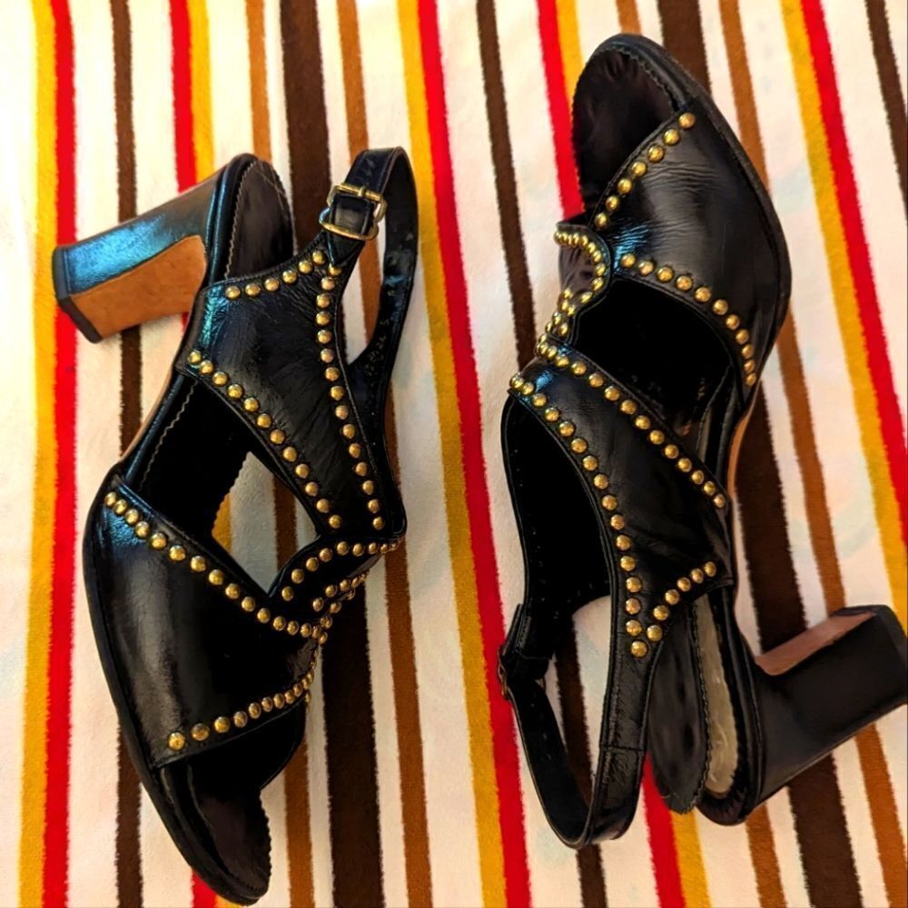 Vintage black heels with gold tone‎ metal studded details